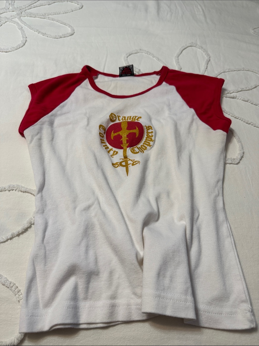 OCC ORANGE COUNTY CHOPPERS White Tee with Red Raglan Sleeves and Gold Graphic